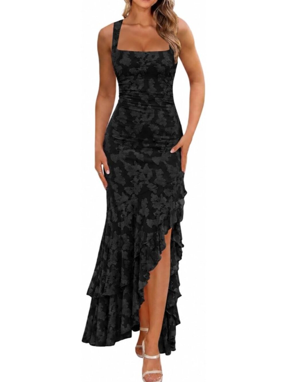 Women's Black Elegant Ruched Floral Maxi Wedding Guest Cocktail Formal Dress
